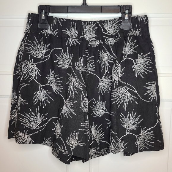 120% Lino Women Shorts Pantaloncino Black w/ Floral Print Elastic Waist Size 46
